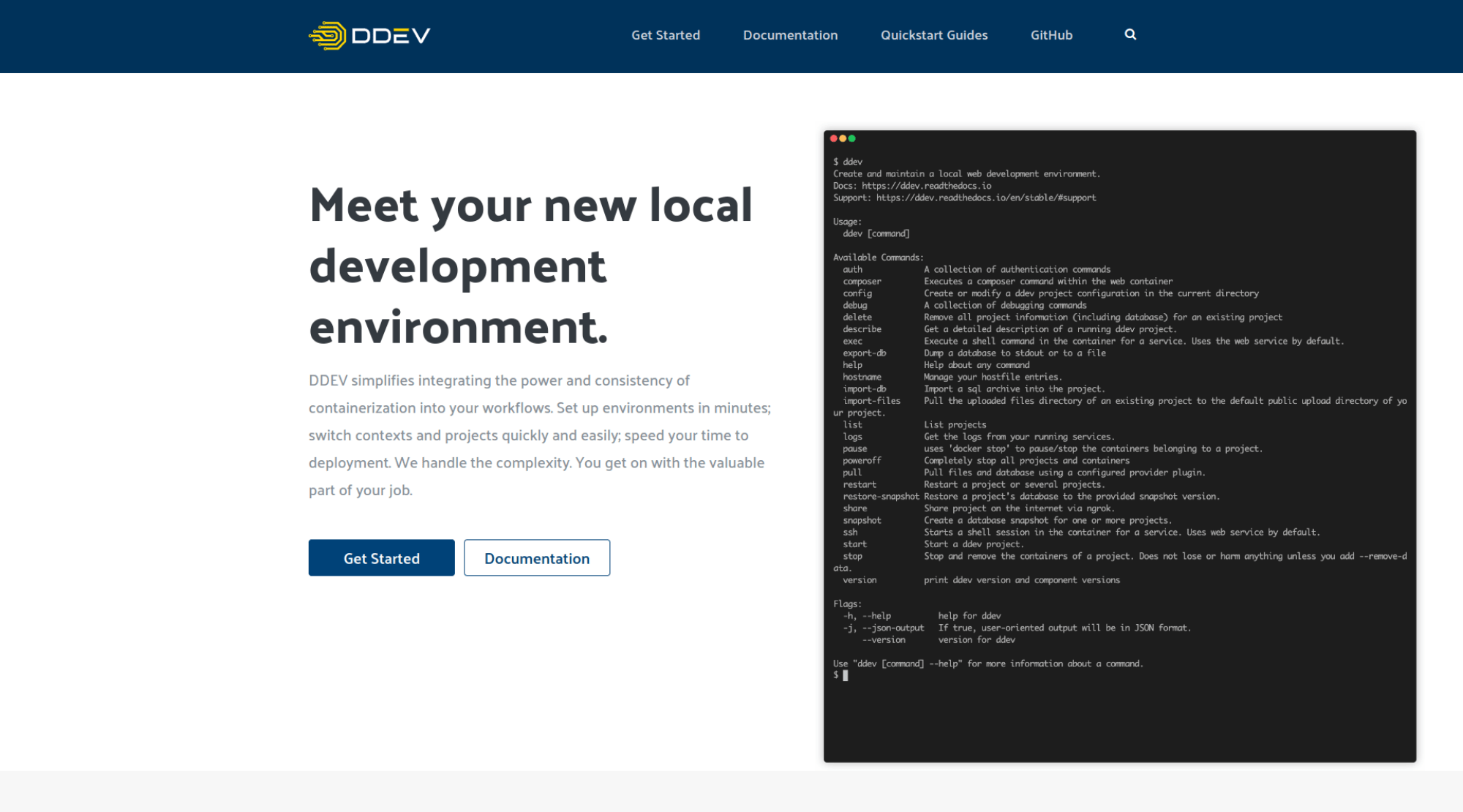 Screenshot of the DDEV website