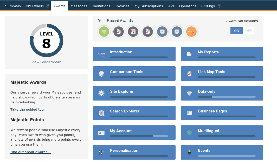 majestic awards dashboard