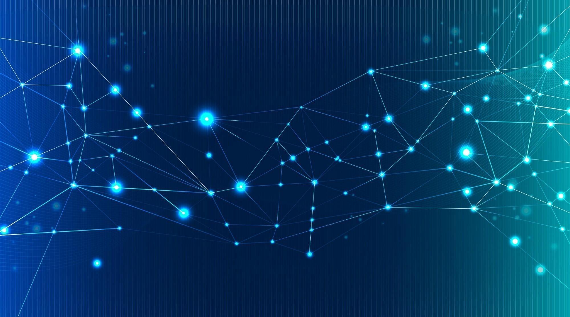 Illustration of a complex network connected by multiple small dots on a dark blue gradient background