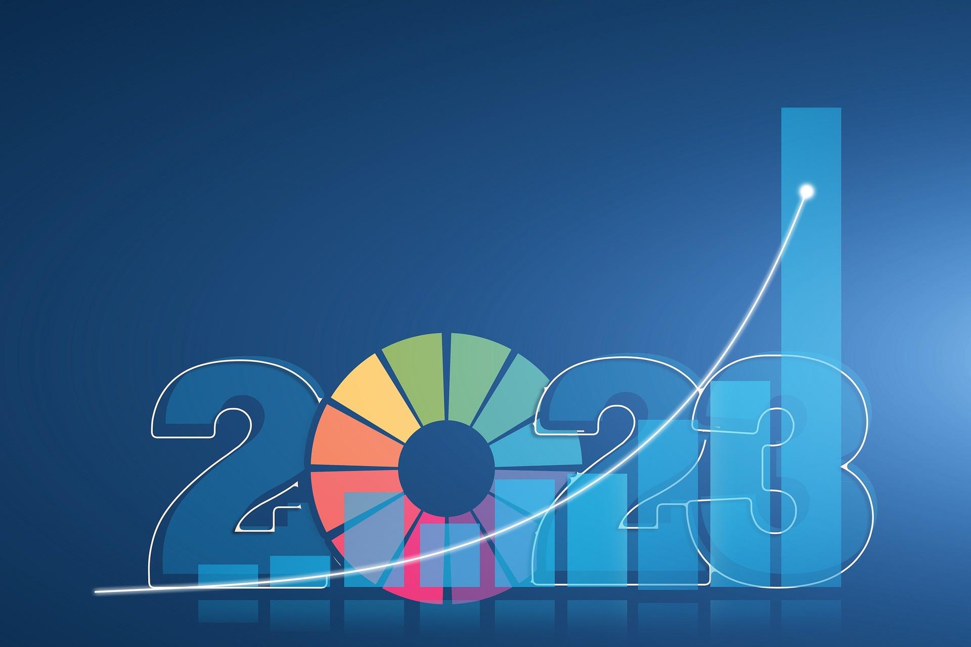 Image of 2023 with the 0 as a multi colour donut pie chart and a logarithmically increasing bar chart behind the numbers with a white arrow showing the trend up and to the right.