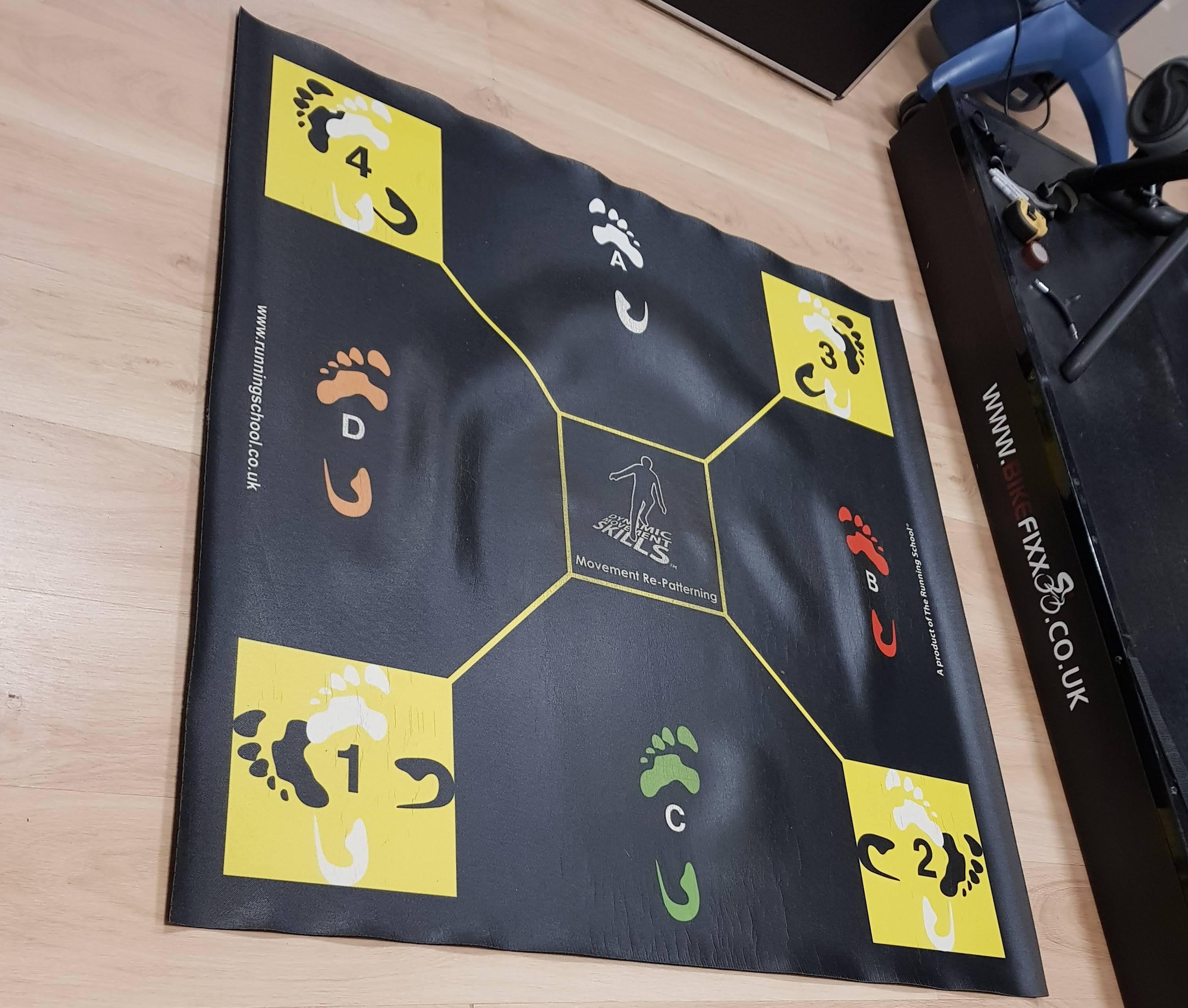 A dynamic running skills mat with four corners and a central square.