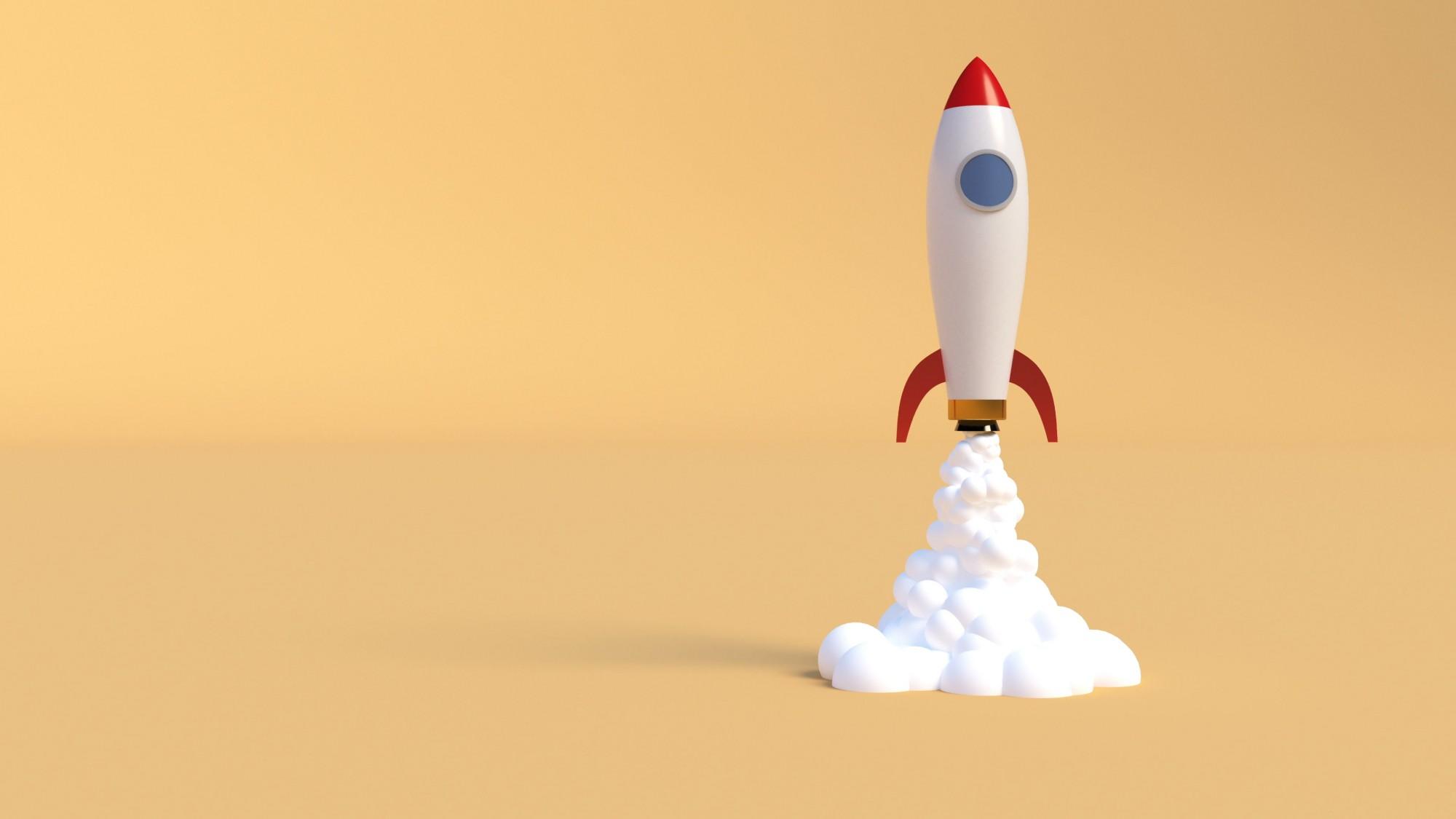Illustration of a rocket taking flight on a yellow background
