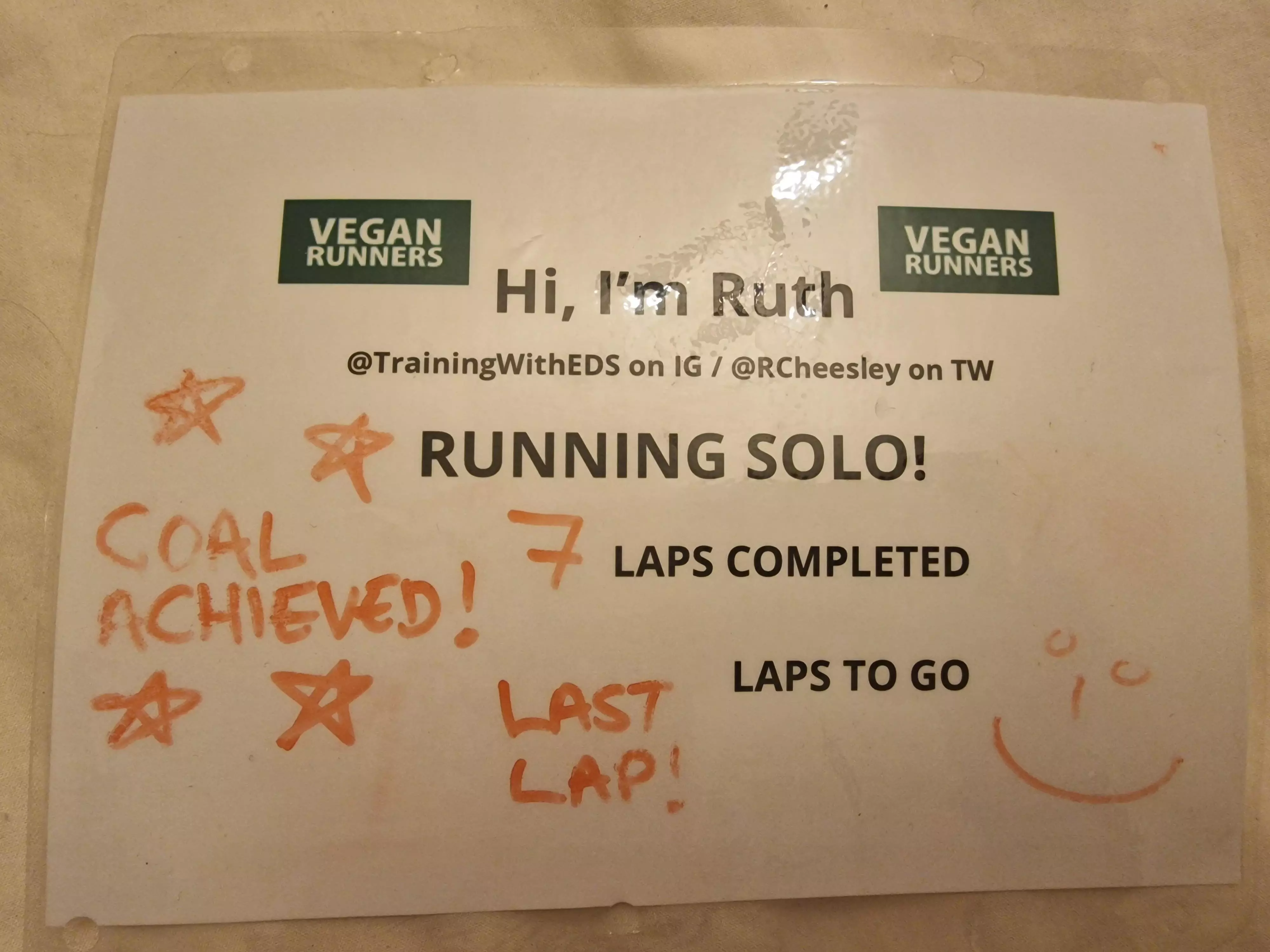 Photo of a laminated sign saying 'Hi I'm Ruth, running solo, 7 laps completed, 0 laps to go with 'Goal achieved' and 'Last lap' written in red pen and vegan runners logos on the top.