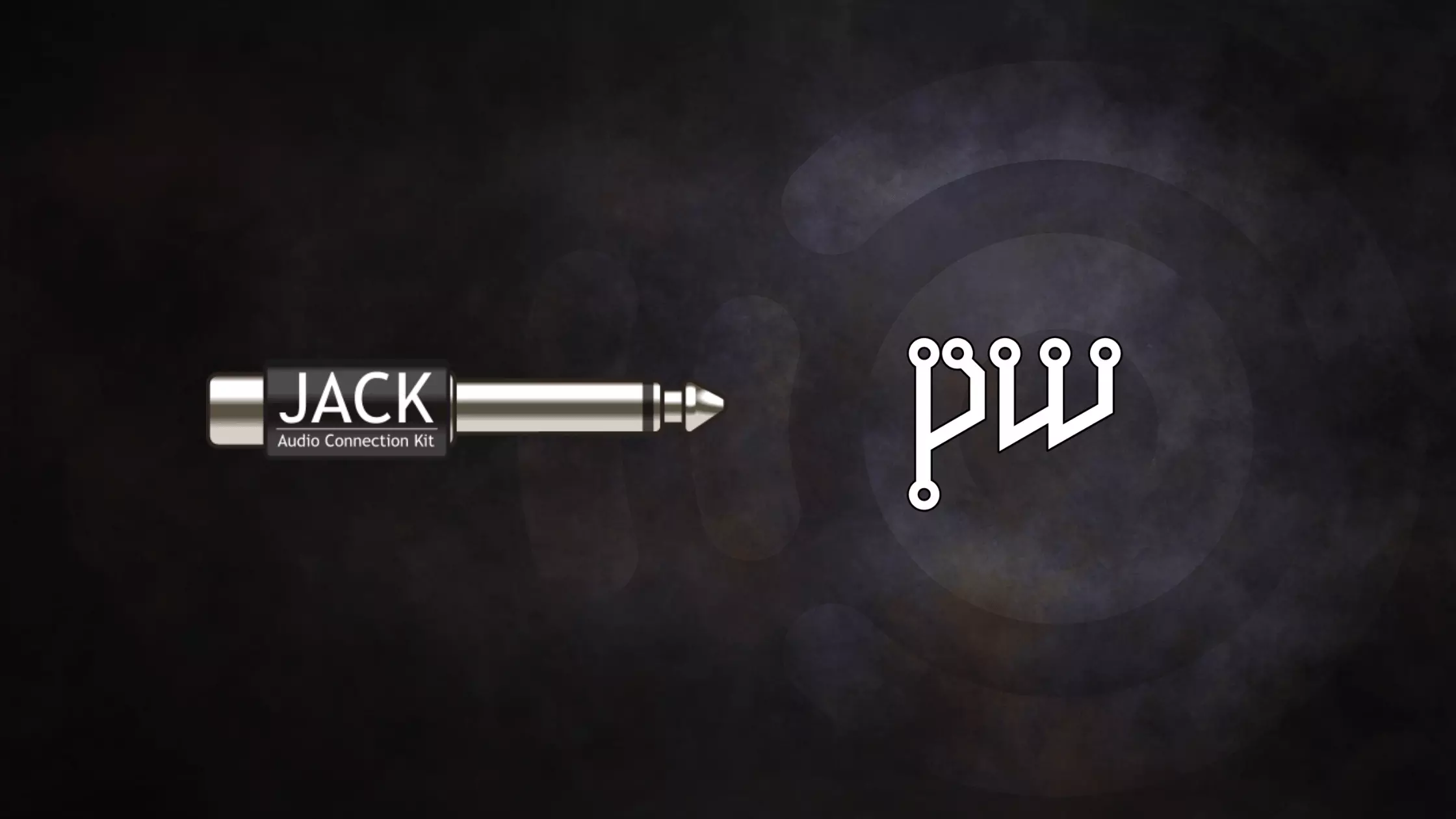 JACK and Pipewire logos superimposed on the Ubuntu Studio wallpaper
