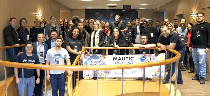 A group photo around a stairwell of attendees at Mautic Conference South America 2023 in Sao Paulo