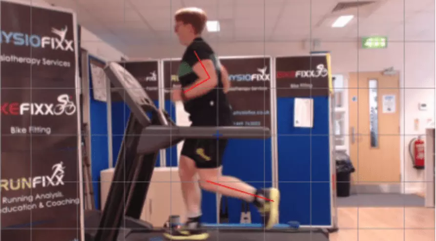 Photo of Ruth running on a treadmill with annotations drawn on to show key aspects of her running gait.
