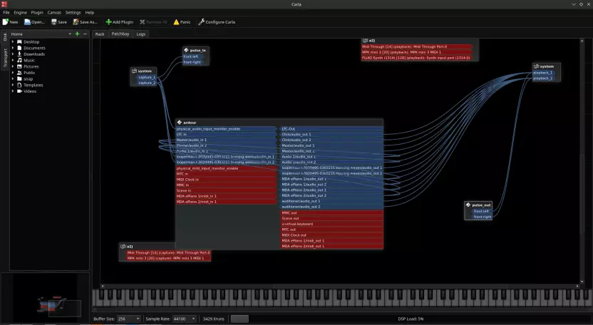 Screenshot of Carla patchbay with red and blue inputs and outputs connecting to each other.