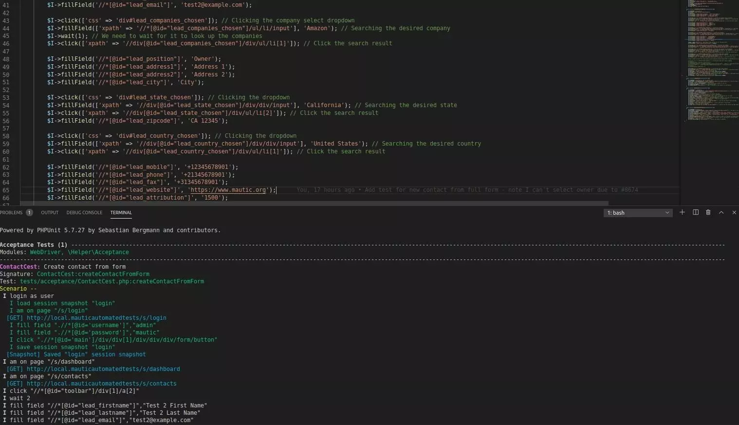 Screenshot of a Codeception test running