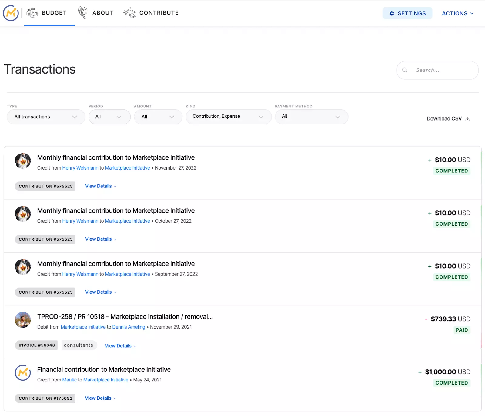 A screenshot of the Marketplace project transactions
