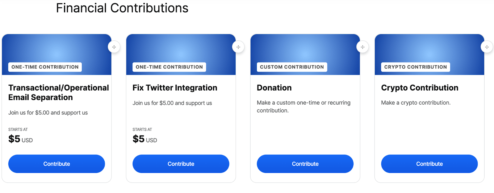 Screenshot of tiers within a project, allowing funding at different levels.